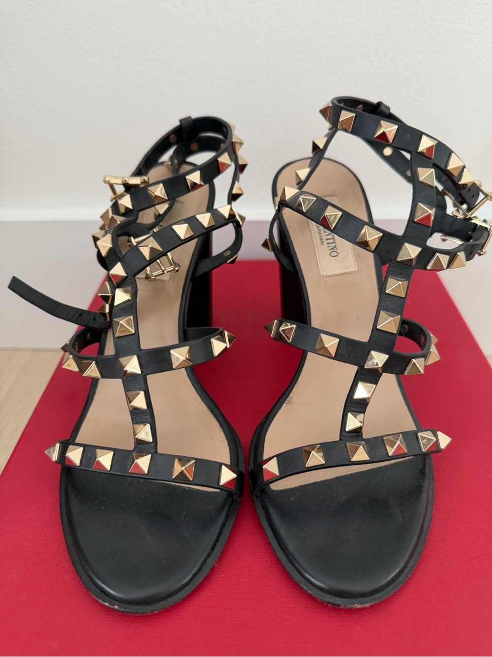 Valentino Black Leather Rockstud Strappy Heels with Gold Studs - Picture 3 of 7